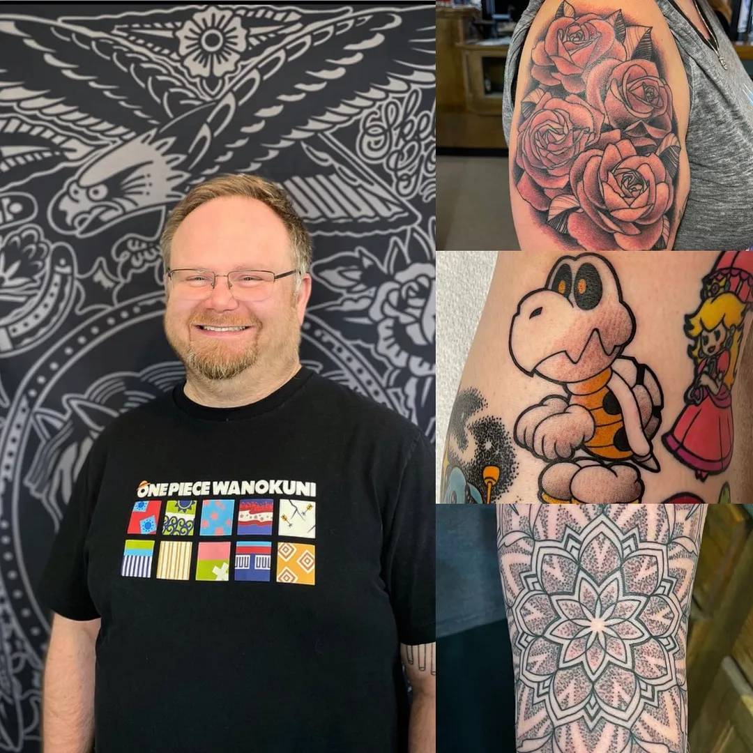 Blair Atom beside three of his tattoos