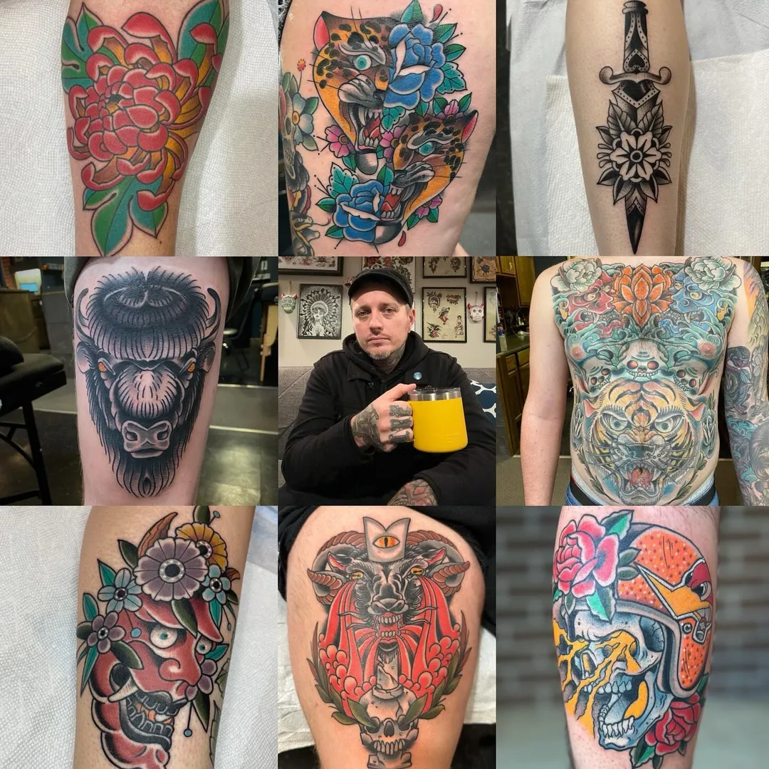 Chris Bragg, framed by eight of his tattoos